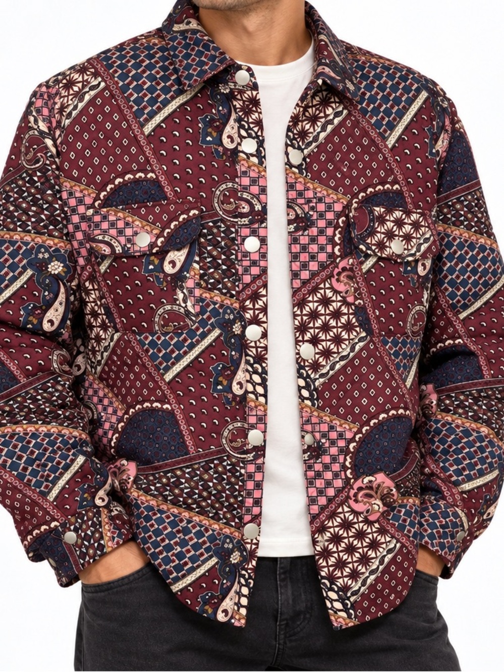 PacSun Men’s L Quilted Paisley Patchwork Snap Front Shacket